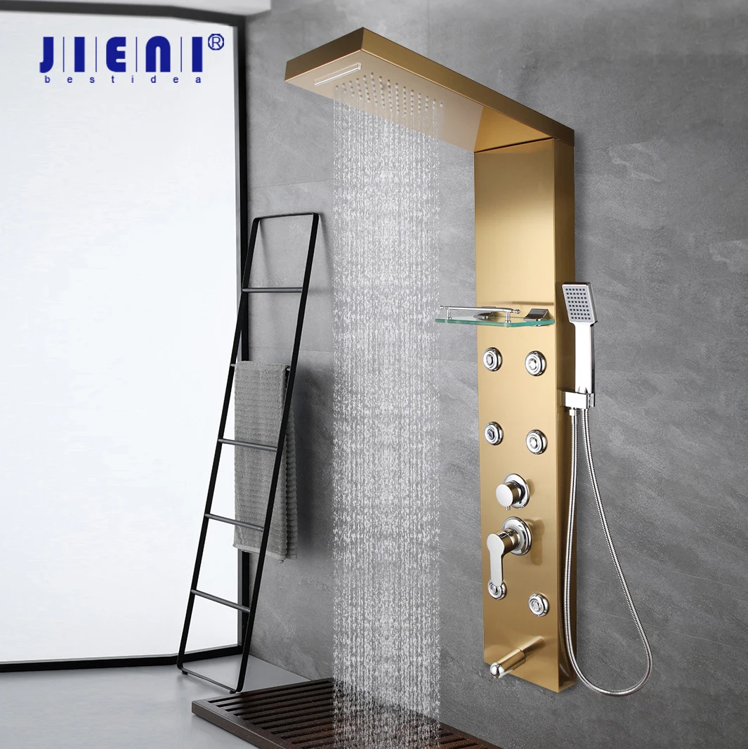 JIENI High-grade Bathroom Shower Column Golden Plated Wall Mounted w/ Shelf Hand shower Tub Spout Massage System Shower Panel