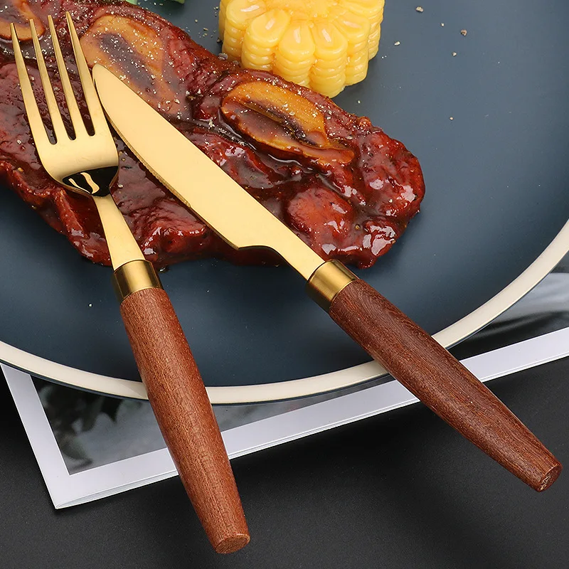 Fypo Stainless Steel Cutlery Set Wooden handle Dinnerware Set Knife Fork Spoon Tableware Flatware Kitchenware Kitchen utensil