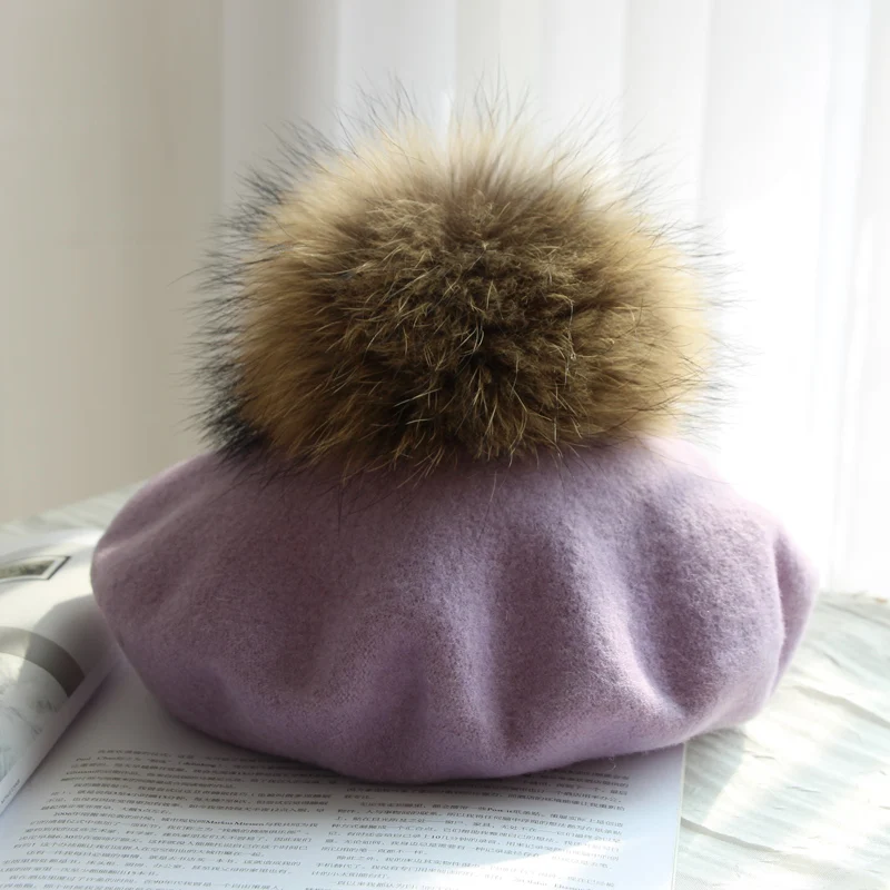 Autumn Winter Kids Warm Wool Girls Berets With Natural Raccoon Fur Pompom Hat For Women