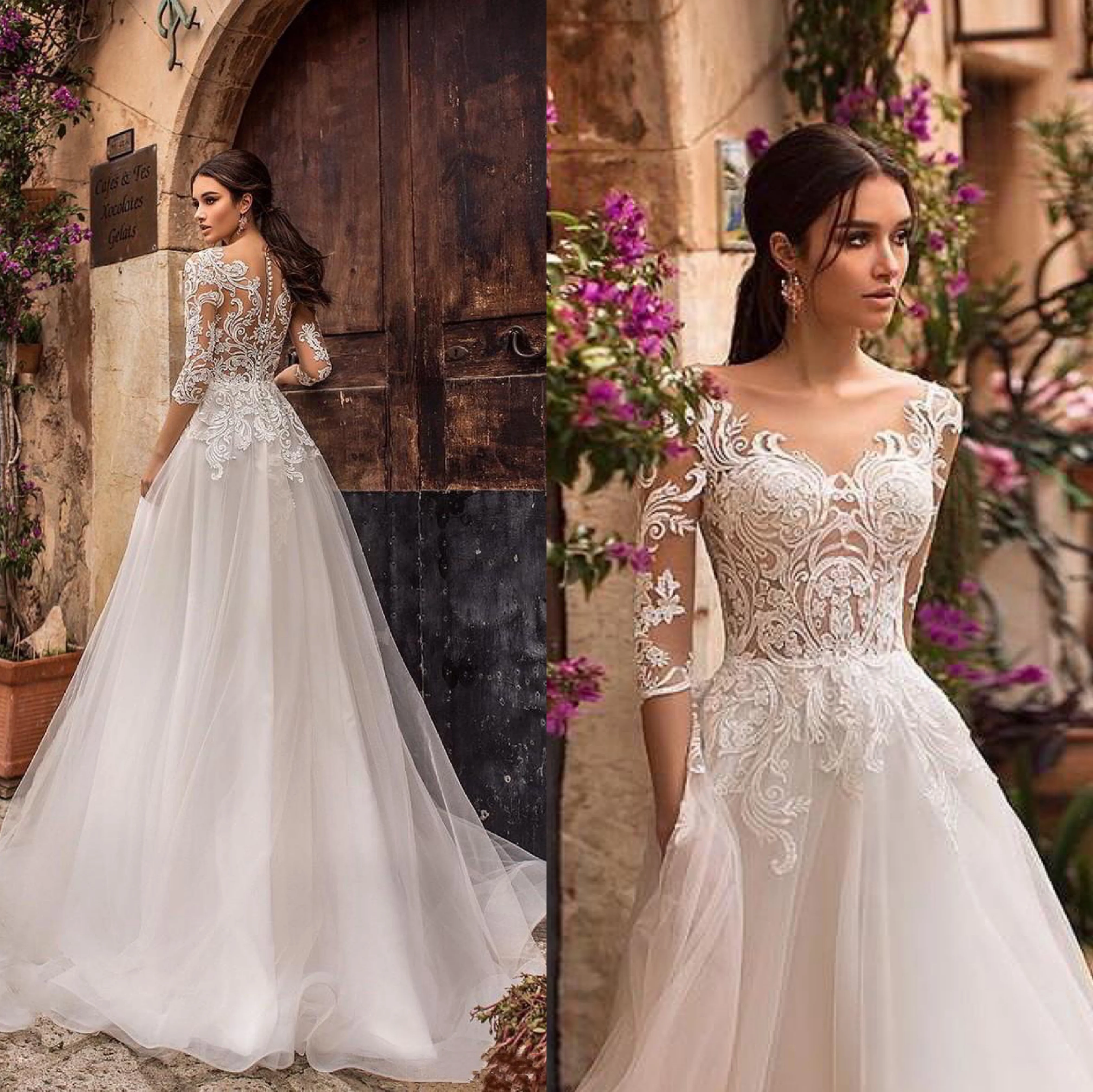 

Elegant A-Line Wedding Dresses Three Quarter Sleeves Lace Appliques Embroidery Tulle Beach Boho Floor-Length Bride Gowns Simple