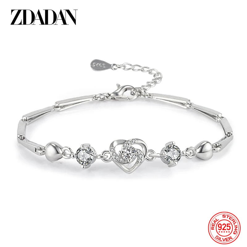 ZDADAN 925 Sterling Silver Heart Zircon Bracelet For Women Fashion Gift Wedding Jewelry