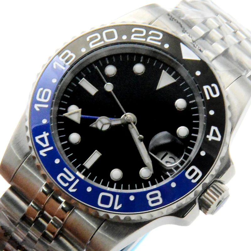 GMT Watch Automatic Mechanical Men\'s Watch 40MM Black Dial Date Ceramic Bezel Stainless Steel Case Silver Jubilee Strap