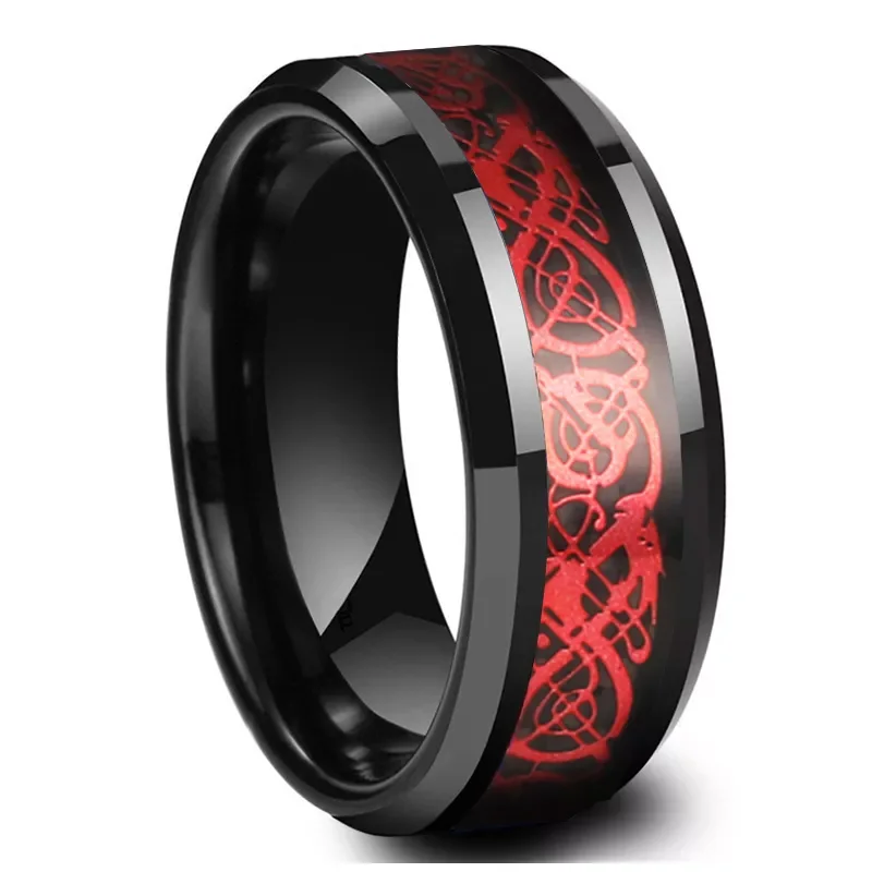 MenBand Fashion 8MM Mężczyźni Kobiety Obrączka ślubna z węglika wolframu z czarnym włóknem węglowym i czerwonym smokiem Wygodne dopasowanie Rozmiar 6-15 — zdjęcie 2