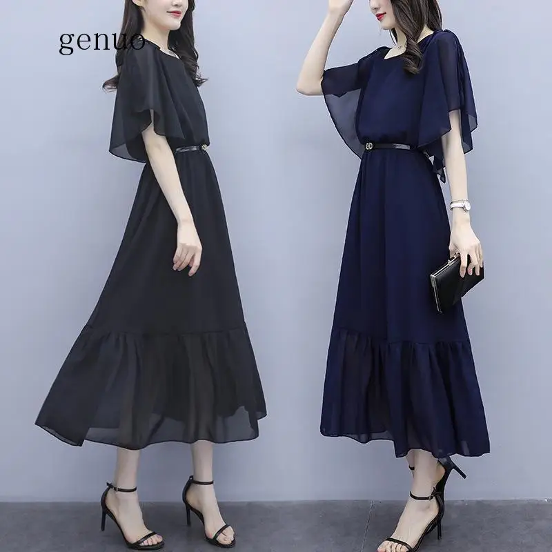 

New Summer Style Women Dresses Fashion O-Neck Solid Slim Butterfly Sleeve Big Hem Chiffon Dress For Women One-Piece