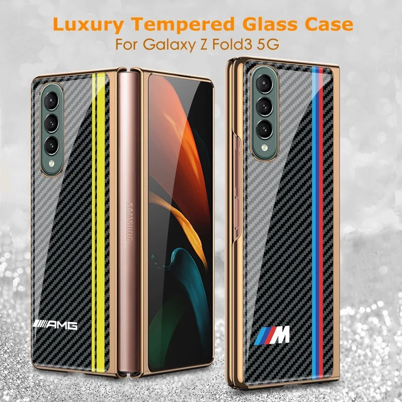 Luxury Tempered Glass Case For Samsung Galaxy Z Fold6 Fold5 Fold4 Fold 6 3 Metal Plated Frame Carbon Fiber Texture Cover