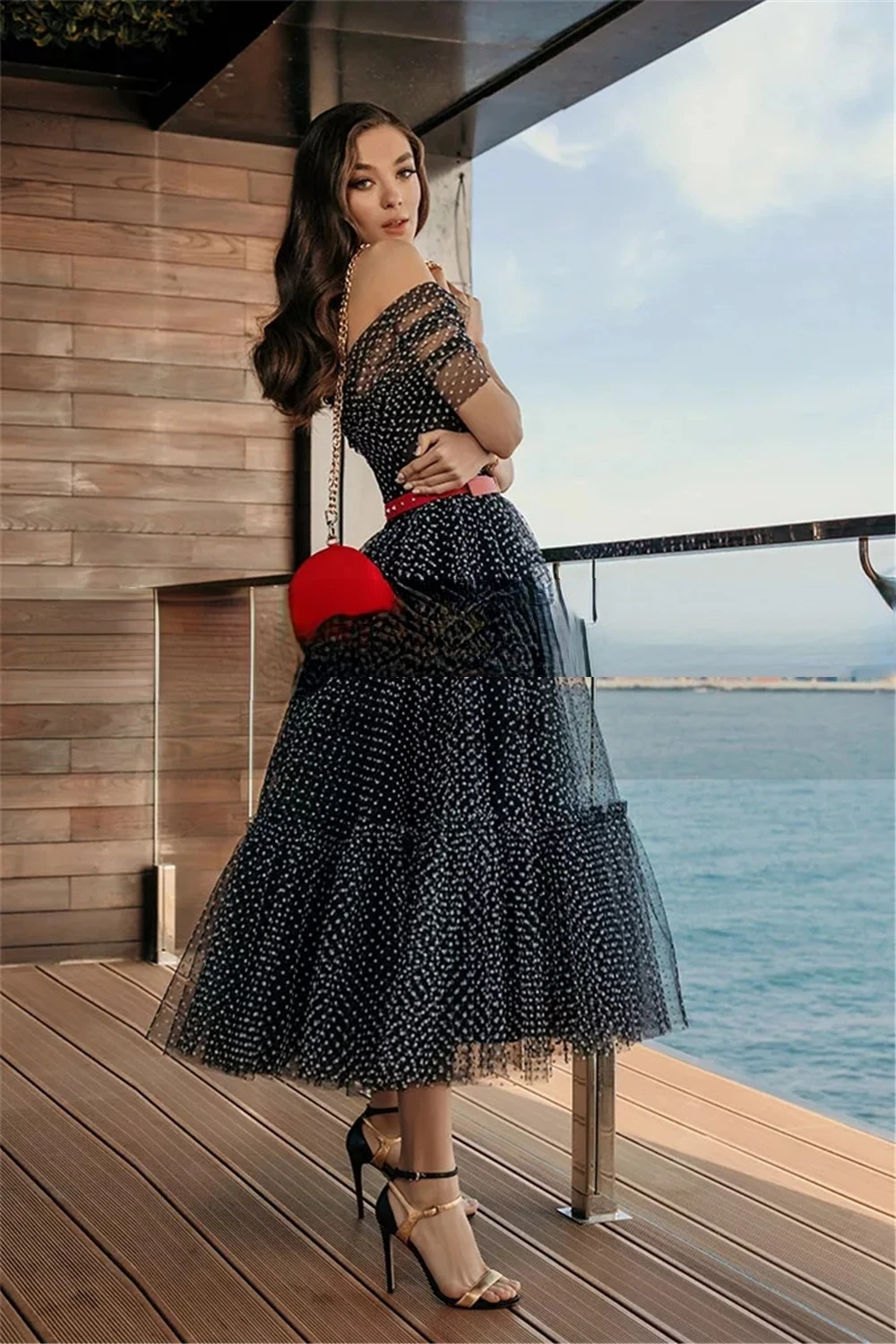 Black Dotted Tulle Short Prom Dresses A Line Off The Shoulder Graudation Dress V-Neck Tea Length Homecoming Gowns