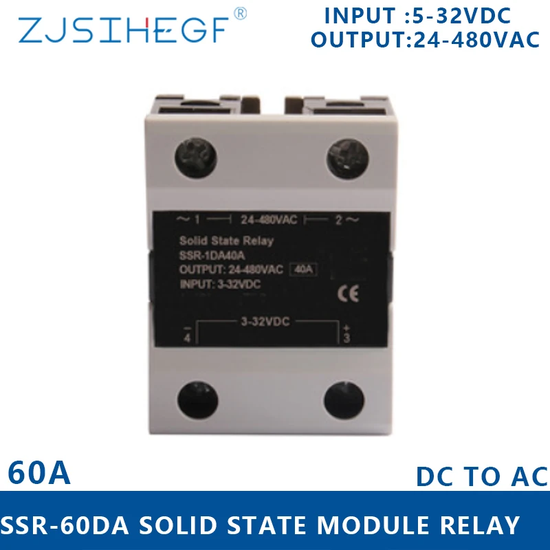 ZJSIHEGF 3-32VDC Single Phase Solid State Relay 24-480VAC SSR-60DA/80DA/100DA/120DA High Fuction  For Temerature Controller