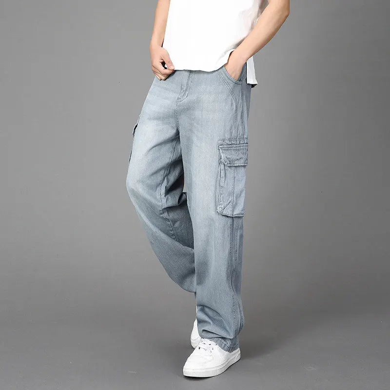 Jeans Men's Large Size Baggy Straight With Side Pockets Gray Hip Hop Skateboard Denim Trousers Loose Wide Leg Pants Size 30-46