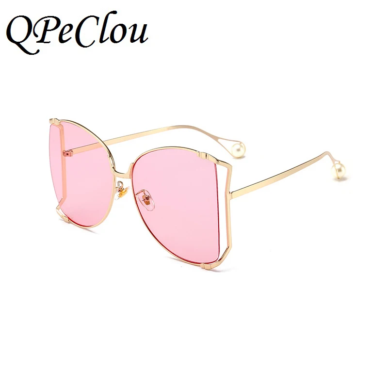 New Fashion Luxury Pearl Pink Sunglasses Women Vintage Metal Hollow Sun Glasses Female Outdoor Shades Oculos De Sol