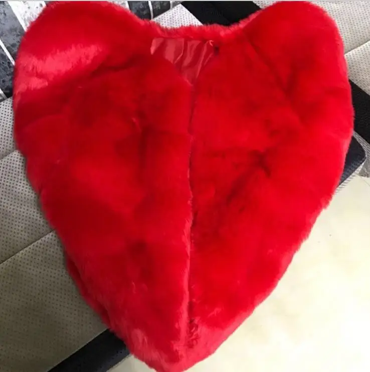 Red Love Heart Faux Fox Fur Shaped Cape Long Hairy Shaggy Coat Women Thick Warm Outwear Tops