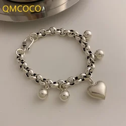 QMCOCO Silver Color Round Bead LOVE Heart-Shape Pendant Charm Bracelet Handmade Party  Jewelry For Women Girls Present