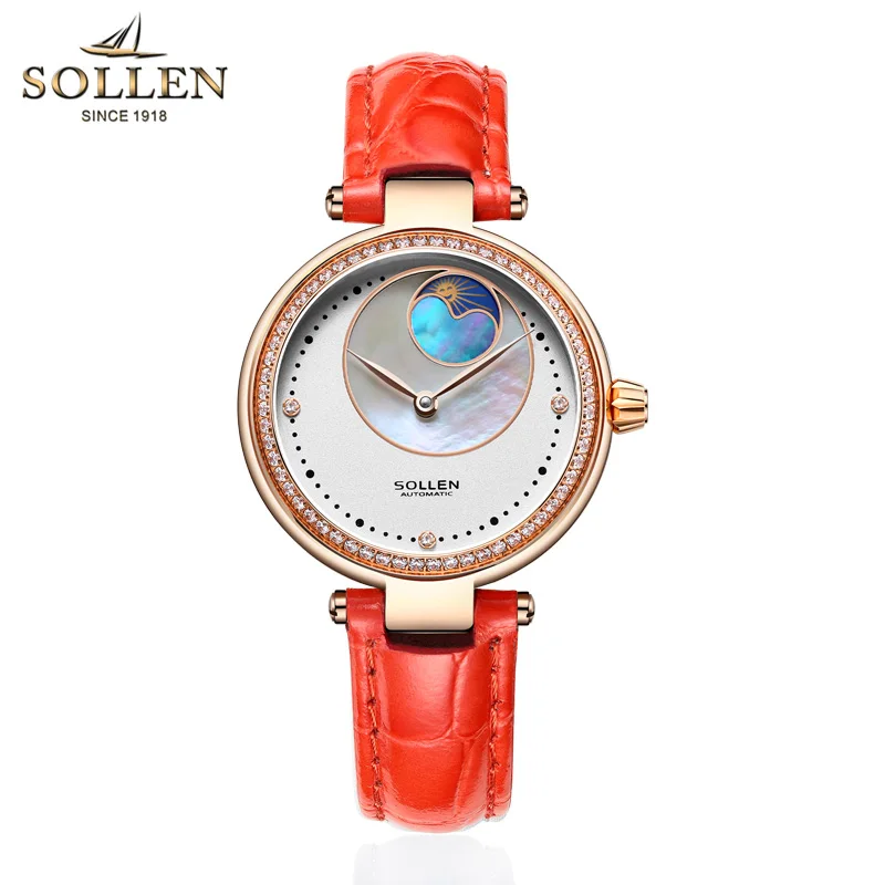 Switzerland Luxury Brand SOLLEN Automatic Mechanical Women's Watches Waterproof Diamond Leather Moon Phase Sapphire Clock SL410