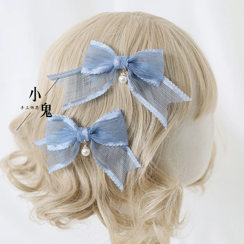 Dark Blue Lolita Bow Headdress Oversleeves Top Clip Side Clip Silk Yarn Headband Hairpin KC Hairpin Hair Ornaments