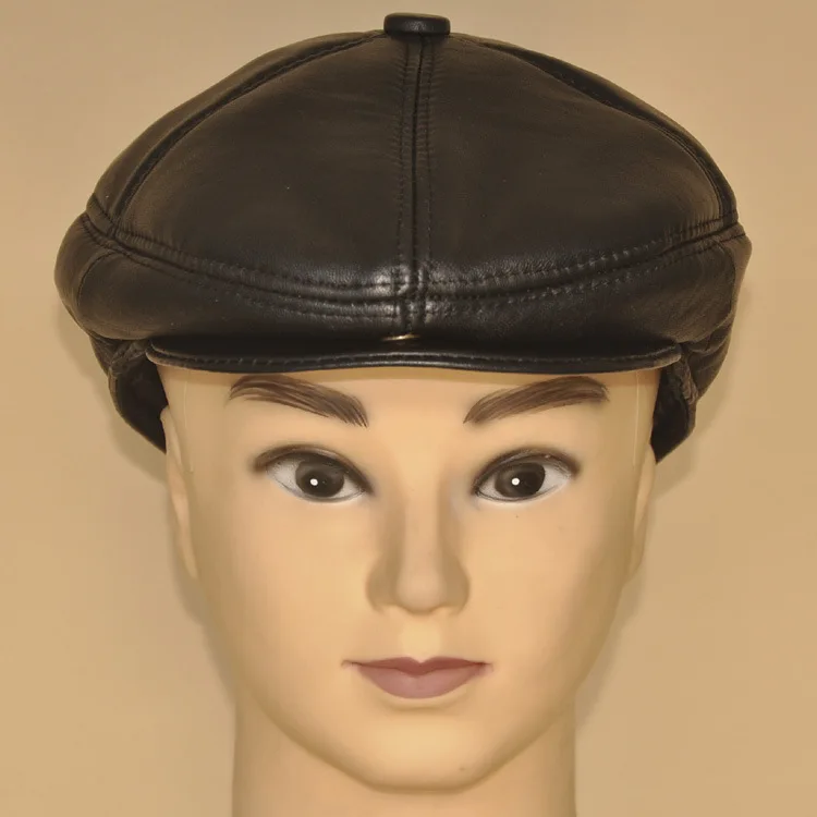 

Male Genuine Leather Visors Hat Men's Winter Warm Sheepskin Beret Cap Men Ear Protection Cap