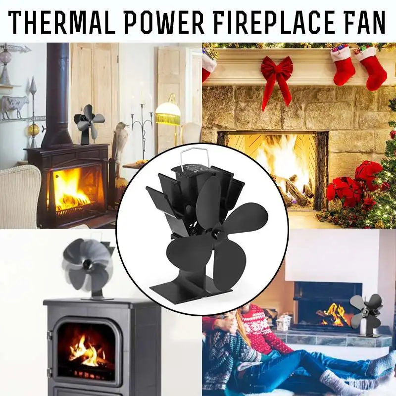 Black Fireplace 5-Blade Heat Power Furnace Fan Log Wood Burner Quiet Home Fireplace Fan Efficient Heat Distribution