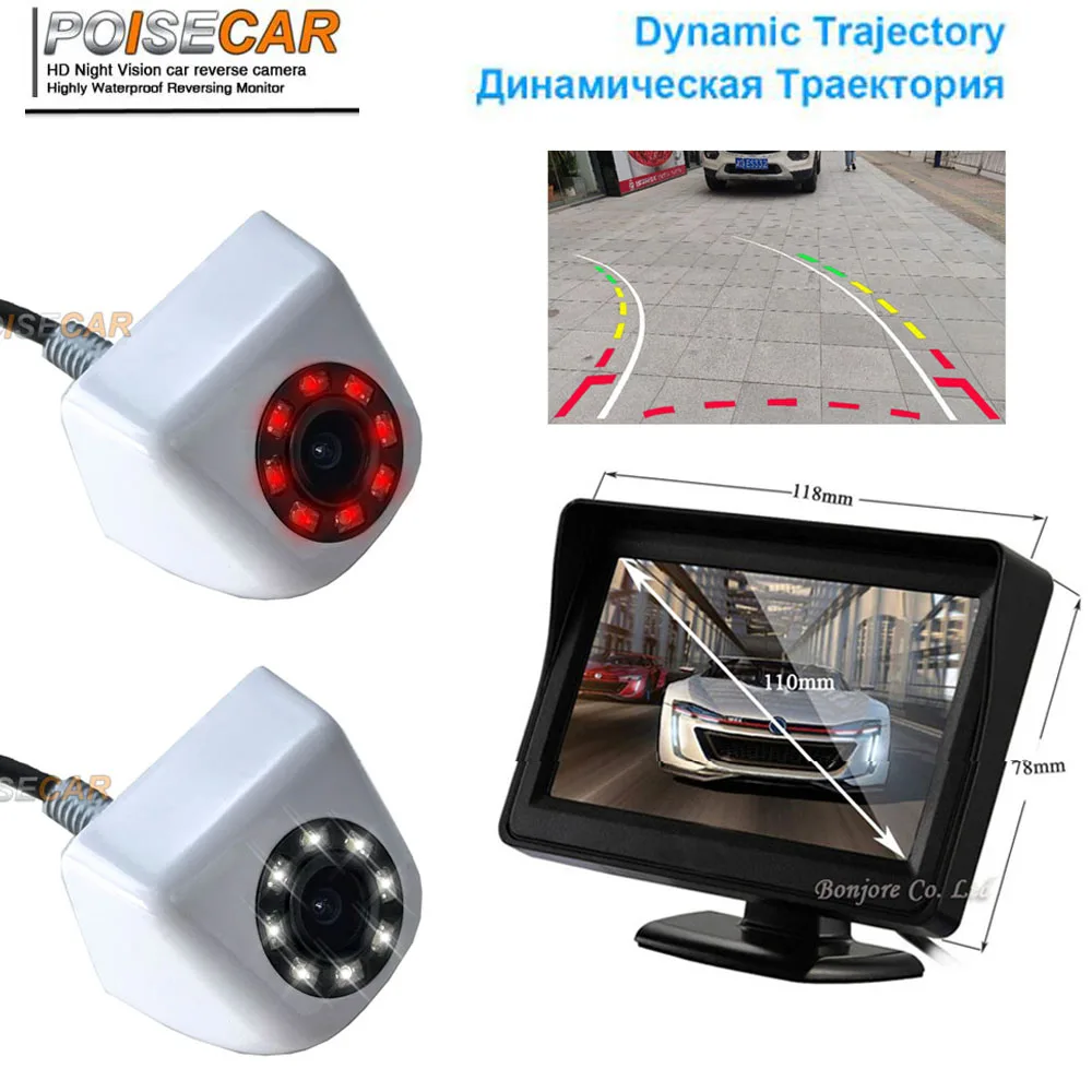 

White Camera Visible Rear View Dynamic Parking Line Auxiliary LED Infrared Reverse Camera 4.3 Inch Car Monitor HD