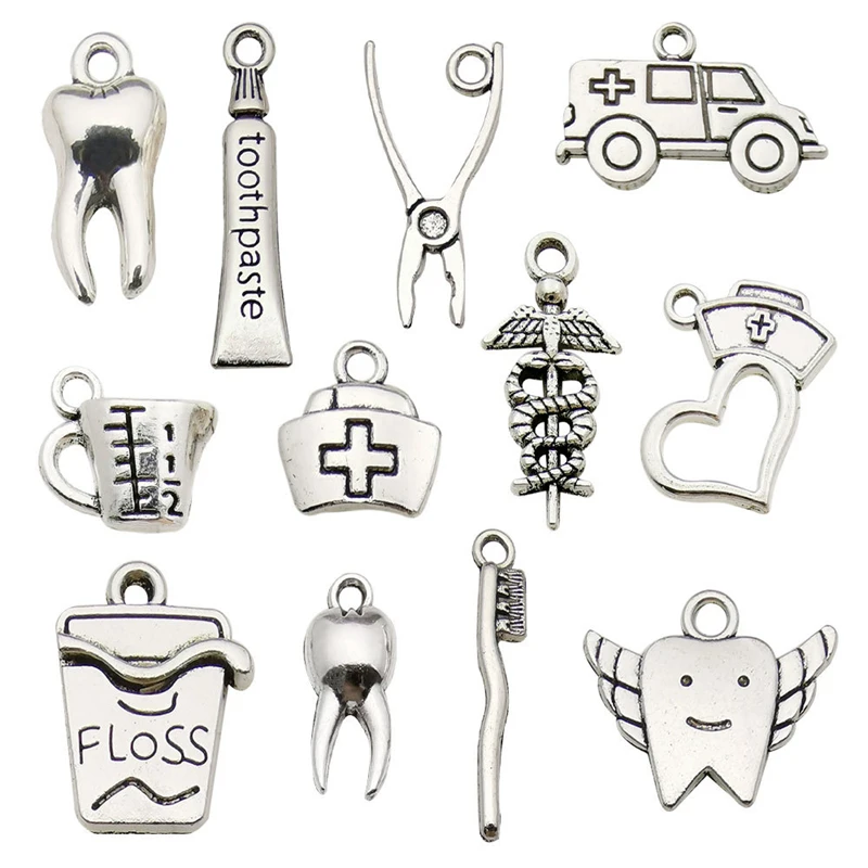 10pcs Cute Vintage Dentisit Dental Care Tools Pendant Charms Toothbrush Tooth Metal Charms for Diy Jewelry Making Accessories