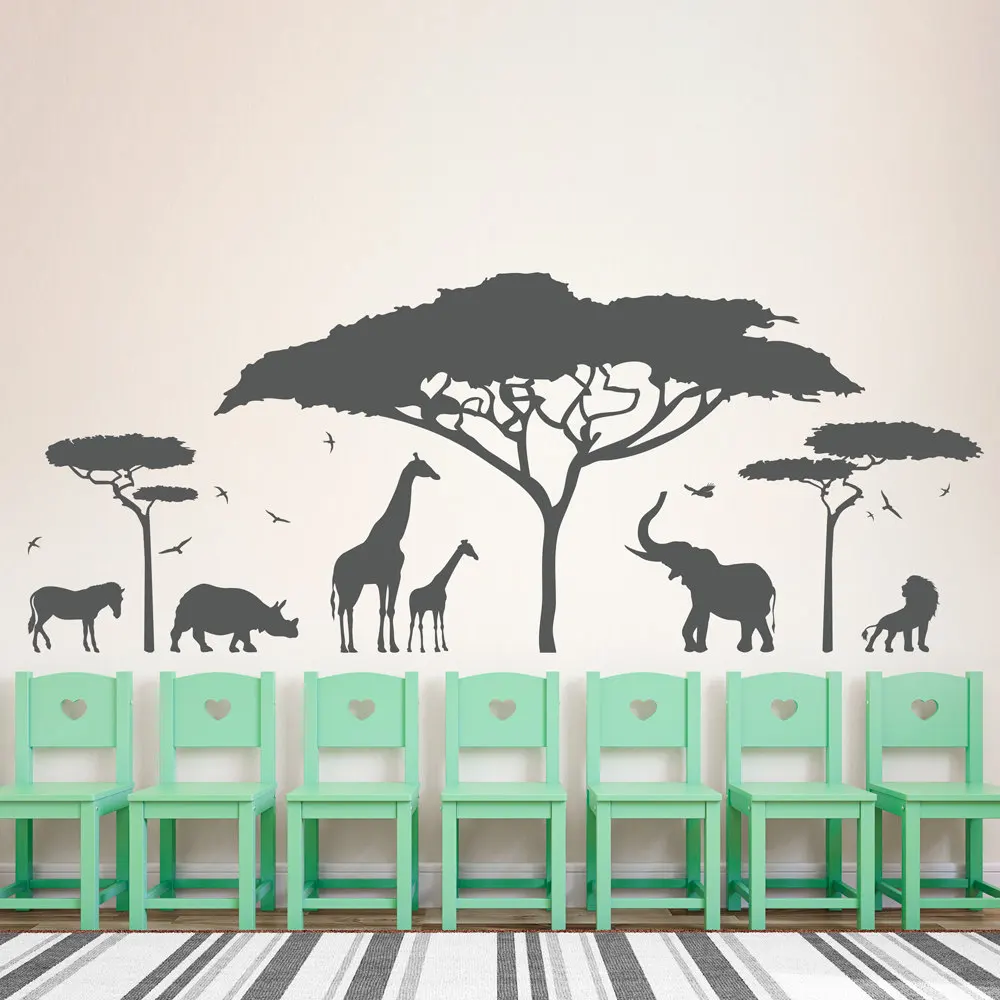 

African Safari Animal Wall Sticker Tree Wall Vinyl Decal Nature Giraffe Art Nursery Home Decor