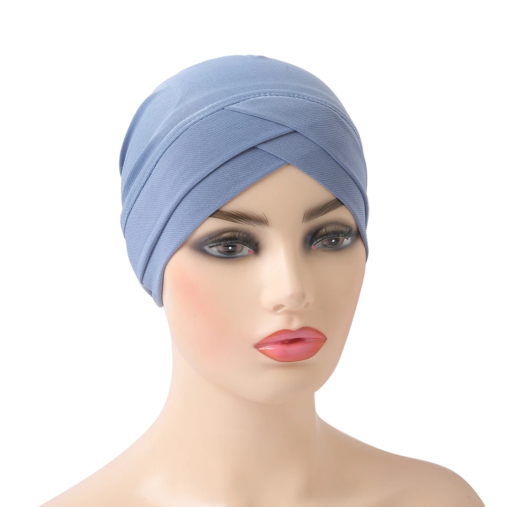 H117 Forehead criss Cross Muslim Turban Pure Color Stretch Inner Hijabs For Caps Ready To Wear Women Head Scarf Under Bonnet