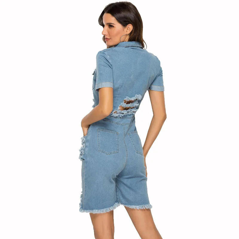 ฤดูร้อน 2020 Jumpsuits สำหรับปุ่มผู้หญิง DENIM Overalls Paysuits Broken Hole Femme Jean Jumpsuit สำหรับสุภาพสตรี DD2447