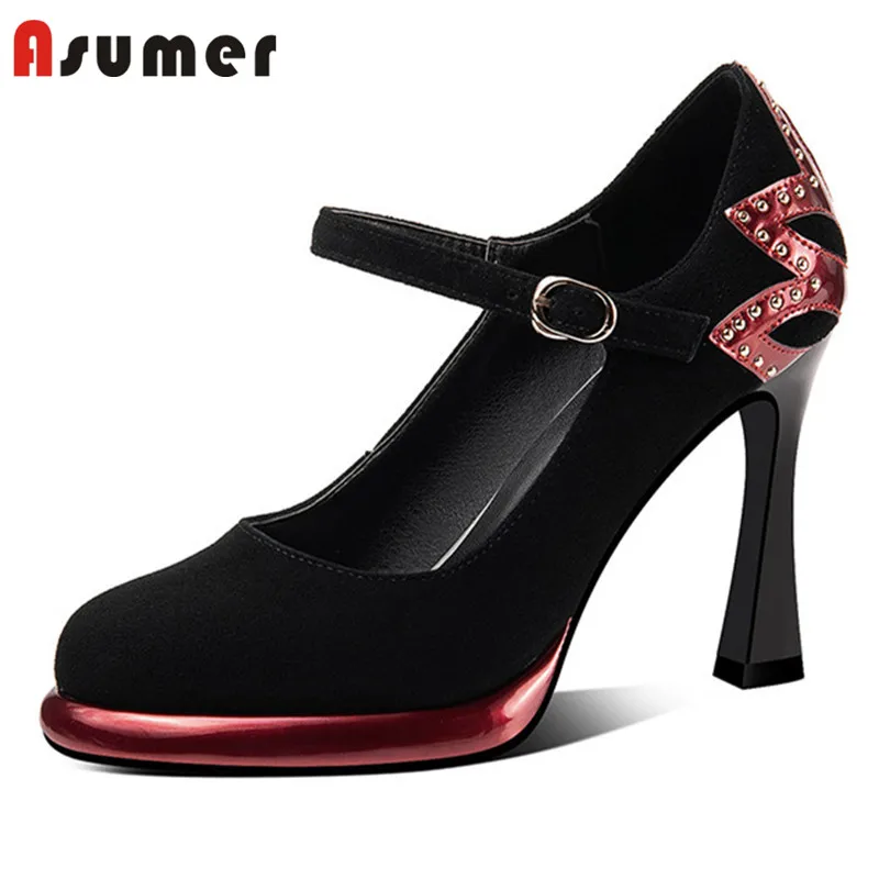 

ASUMER 2022 Newest High Heels Platform Shoes Women Suede Leather Buckle Mixed Colors Elegant Party Wedding Shoes Women Pumps