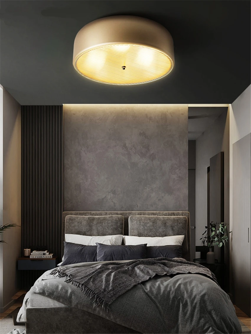 Designer gold round ceiling lights bedroom modern luxury dining room bedroom study water corrugated glass ceiling lamps fixtures