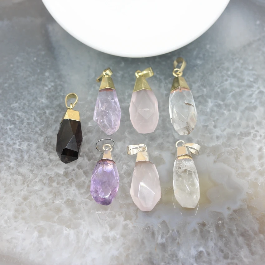 

5pcs,Faceted Drops Crystal Rose Smoky Quartzs Amethysts Pendant Bulk,Plated Gold/Silvers Teardrop Charms Necklace Jewelry Making