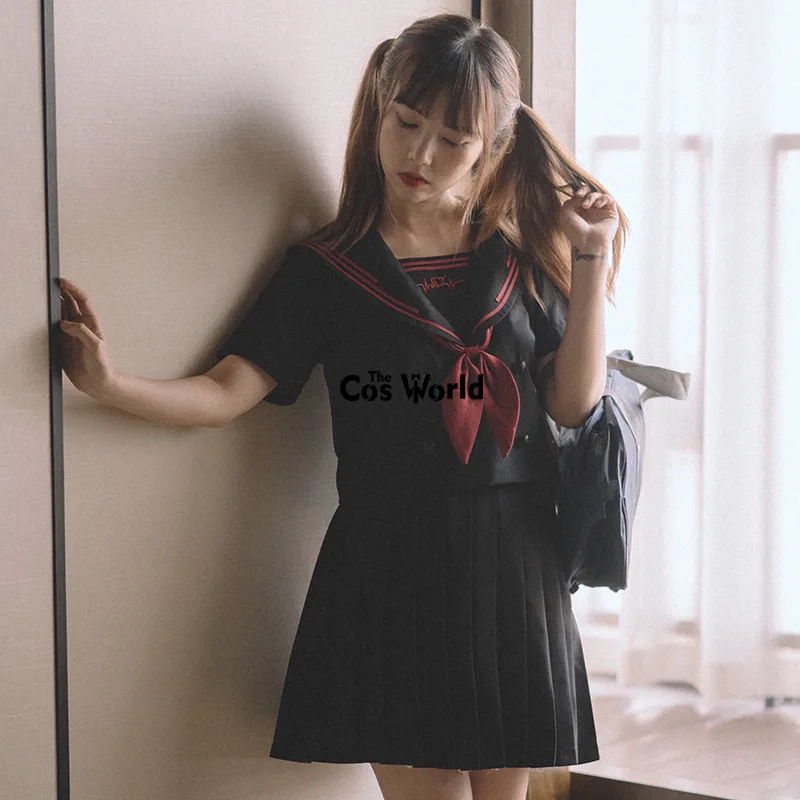 [Heart Rate] Black Red Summer Navy Sailor Suit Tops Skirts JK High School Uniform Class Uniform Students Cloth