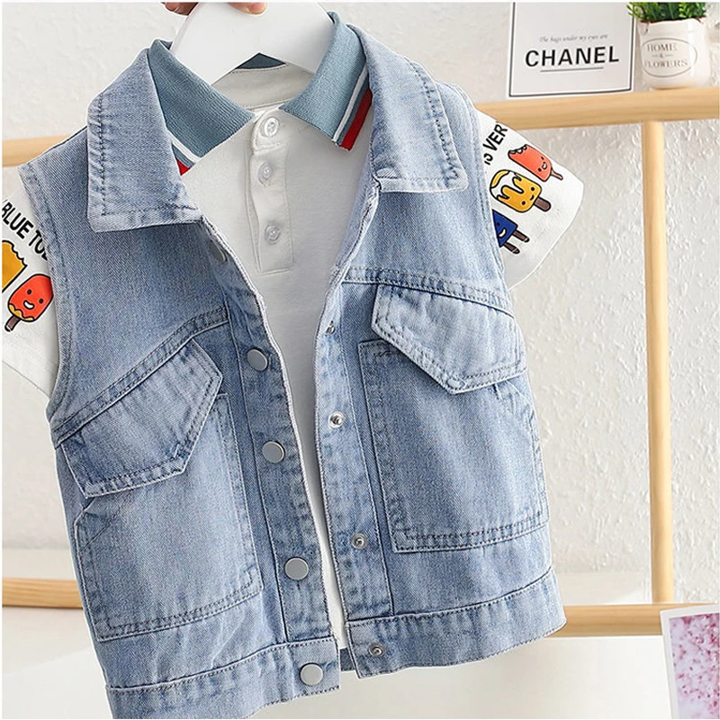 Kids Denim Vest Rainbow Sleeveless Single Breasted Jean Waistcoat Spring Autumn Boys Girls Casual Jacket Outwear