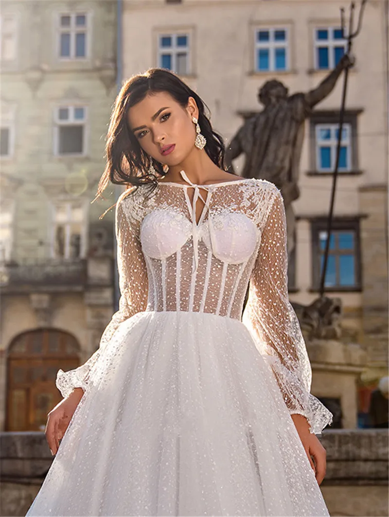 Sexy Transparent Langarm EINE Linie Hochzeit Kleid 2020 Romantische Riemen Hals Chiffon Pailletten Hochzeit Brautkleider Robe De Mariee