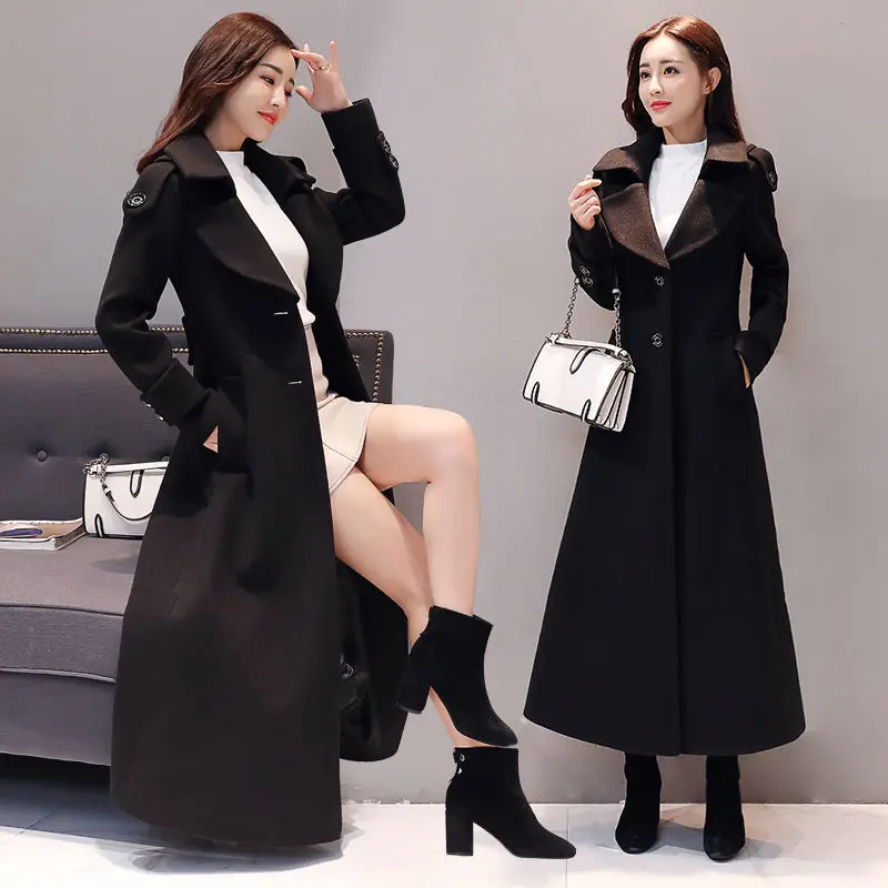 Women\'s Long Woolen Coat  2023 Spring Autumn New Korean Waist  Slimming Over-Knee Thick Keep Warm Woolen Coat Lady Overcoat W2