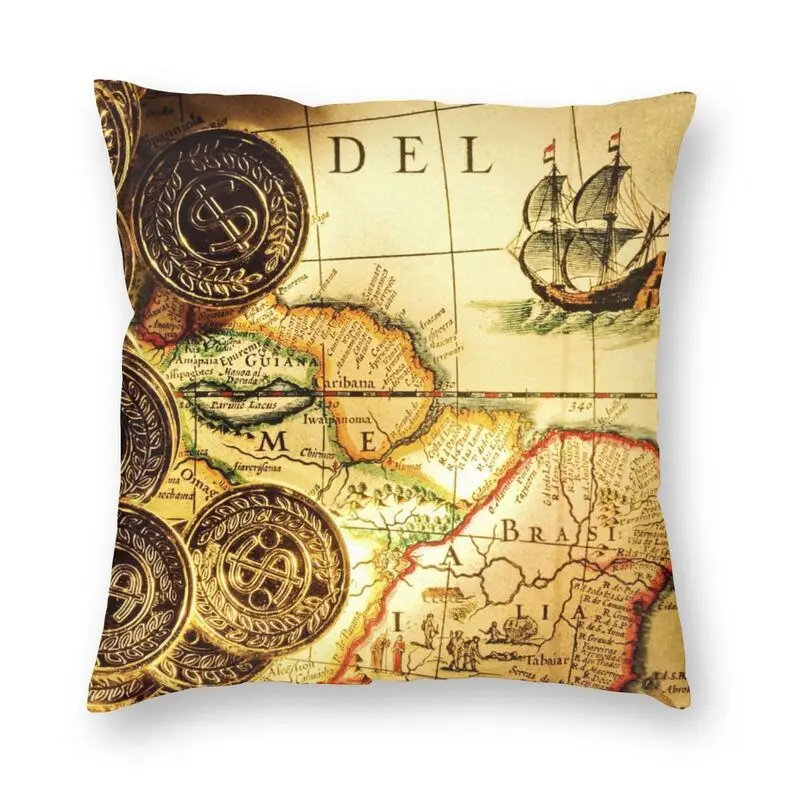 Pirates Gold Treasure Map Square Pillowcover Home Decor Nautical Cushions Throw Pillow for Living Room Double-sided Printing