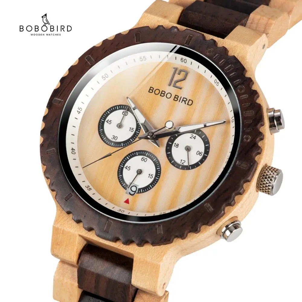 BOBO BIRD Wood Watch Men Chronograph Quartz Wristwatch Women Auto Date Relogio Feminino with Gift Box J-R08