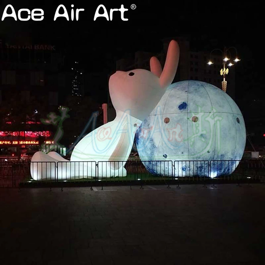 Outdoor Inflatable Easter Advertising Decoration “White Rabbit Leaning On the Moon” Model LED Light Night Decoration for Sale