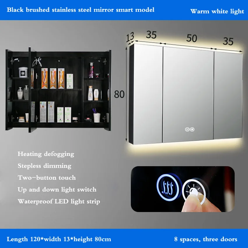 

120*80*13cm Black Stainless Steel Mirror Cabinet Smart Anti-fog Bathroom With Lamp Mirror Cabinet Wall-mounted Bathroom Mirror