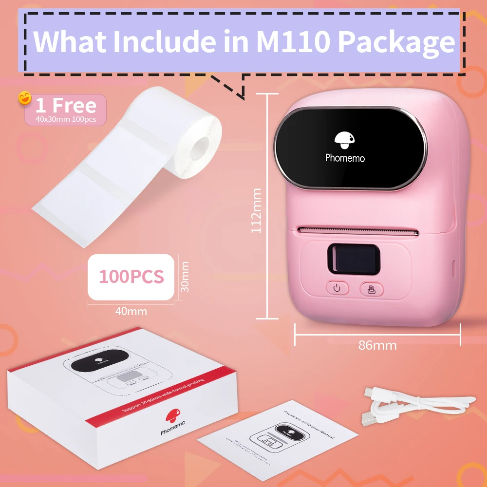 M110 Commercial Small Label Printer Phomemo Portable Thermal Sticker Printer Use for Supermarket, Jewelry, Cable Labels Printing