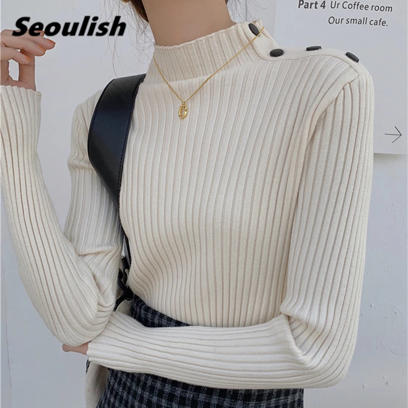 

Seoulish 2021 New Autumn Winter Thicken Warm Sweater Female Elegant Mock Neck Long Sleeve Button Women's Knitting Tops Pullovers