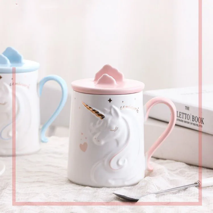 Unicorn Coffee Mug with Mobile Phone Holder Lid, Gorgeous Relief, Cute, Water, Tea, Ceramic, Milk, Breakfast Cup, Creative Gift