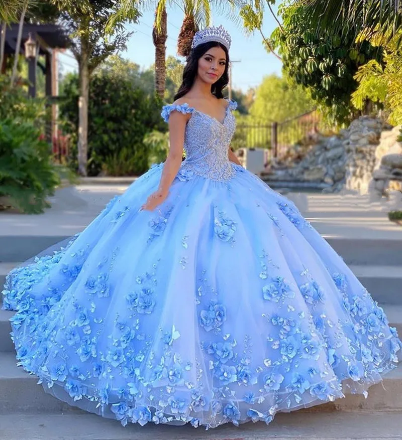 Licht Himmel Blau Quinceanera Kleider Ballkleid Off Schulter 3D Rose Blumen Puffy Süße 16 Kleid Promi Party Kleider Graduation