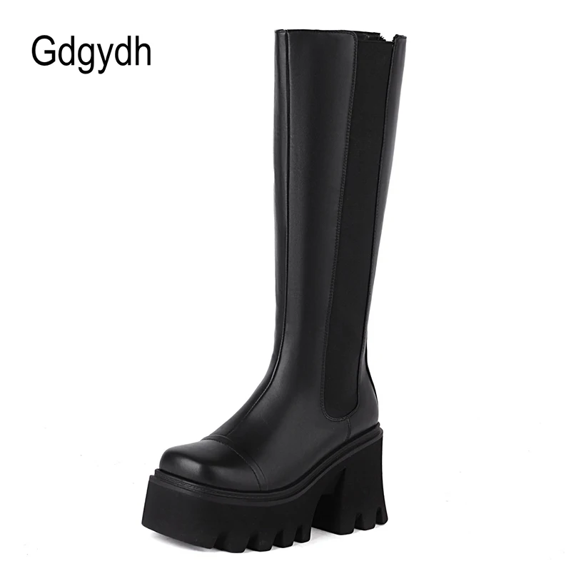 Gdgydh Goth Boots Women Knee High Boots Platform Plus Size Chunky Heel Black Fall Punk Fur Boots Office Lady Soft Leather Street