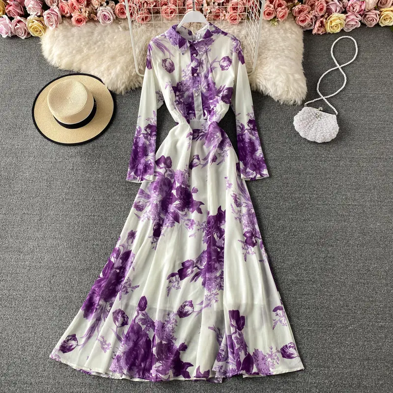 สไตล์อ่อนโยนเสื้อคอปกชุดผู้หญิงฤดูใบไม้ร่วง Retro ภาพวาดหมึกพิมพ์ Slim Long Maxi ชุดแขนยาว Femme Robe M035