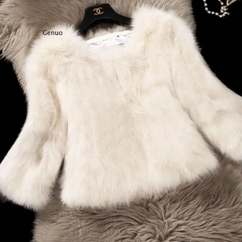 Pink Furry Fur Coat for Women White Fluffy Warm Lady Long Sleeve Female Outerwear Autumn Winter Coat Jacket Collarless Overcoat