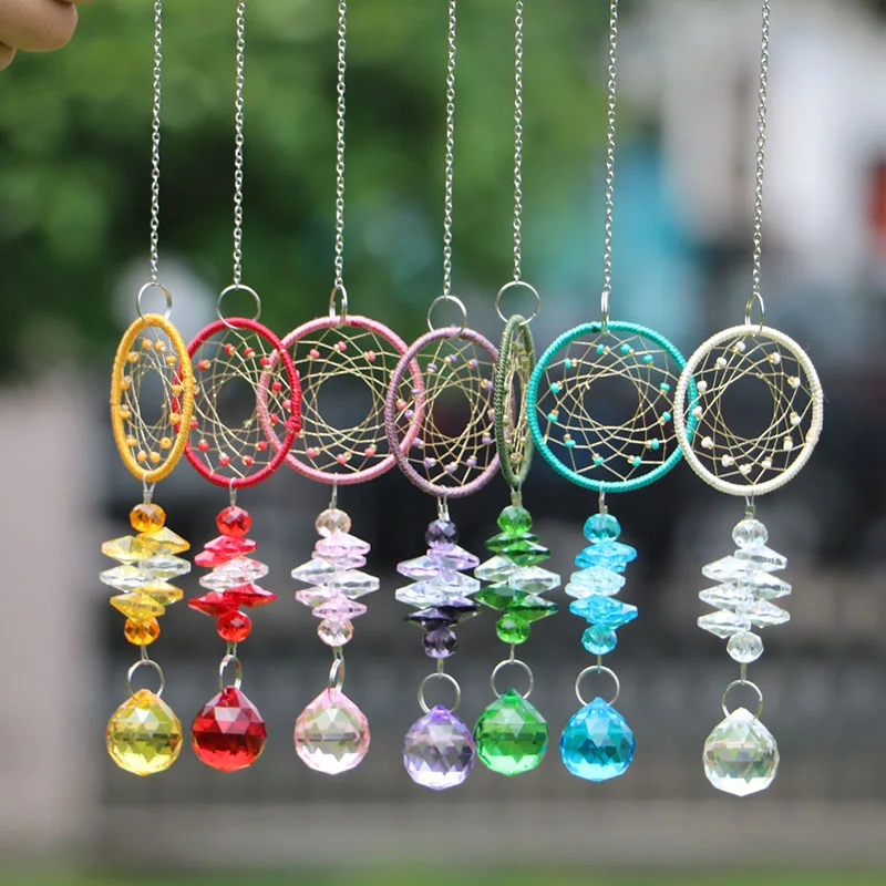 7pcs/lot Chakra Dream Catcher with Crystal Ball Prisms Suncatcher Handmade Rainbow Fengshui Pendant Home Garden Decor