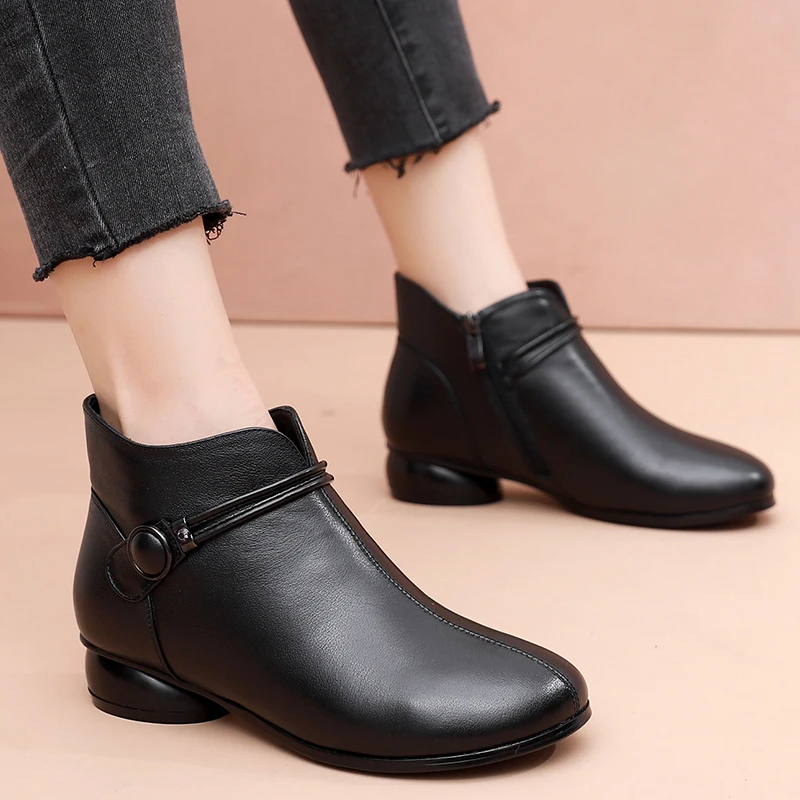 GKTINOO Autumn Winter Genuine Leather Low Heels Ankle Boots For Women Warm Boots Side Zipper Soft Comfortable Cow Leather Botas