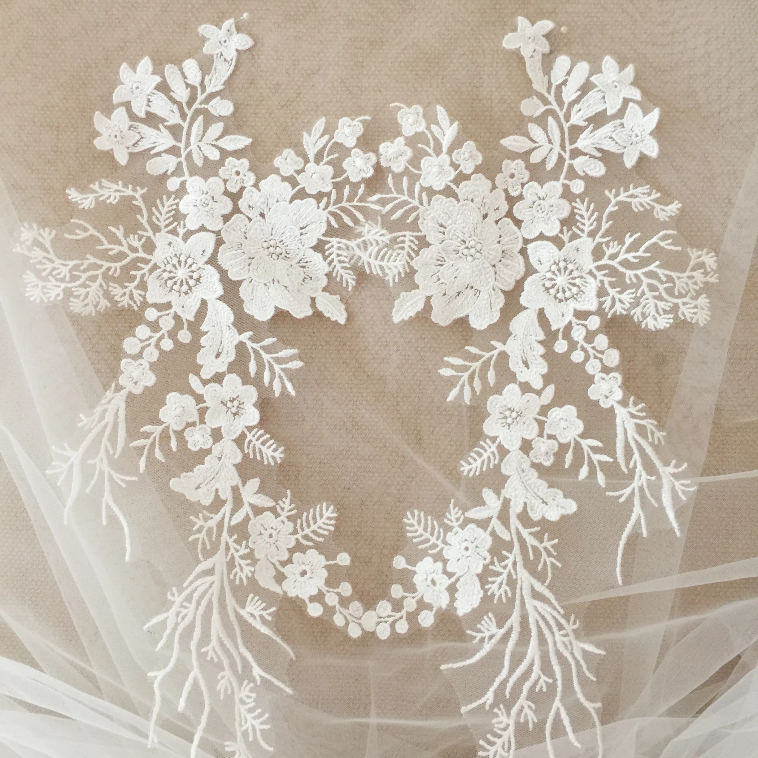 Large Bridal Gown lace Applique Light Ivory Unique Mirrored Pair Leaf Lace Applique, Wedding Gown Bodice Shoulder Sleeves