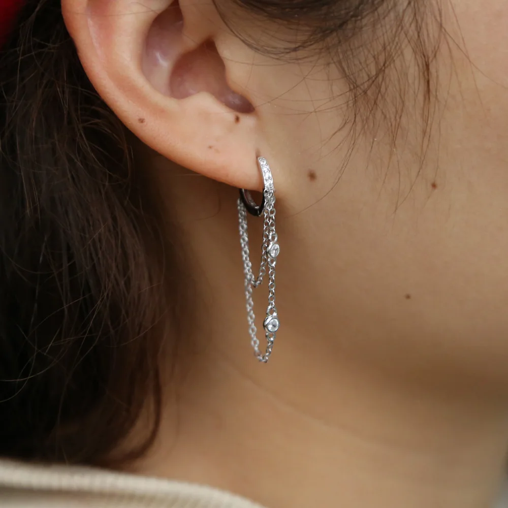 

925 sterling silvler tassel chain earring elegance girlfriend gift fine silver jewelry double drop chain cz ear wire