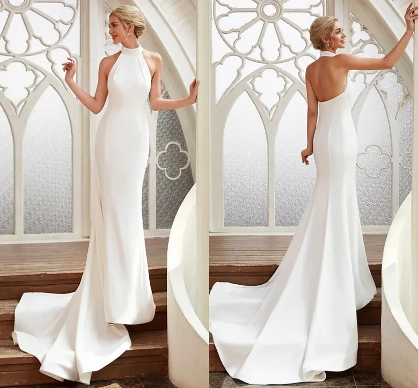 Soft Satin Mermaid Wedding Dresses Halter Neck Court Train Straps Simple Backless Elegant Bridal Gown Robe De Mariage