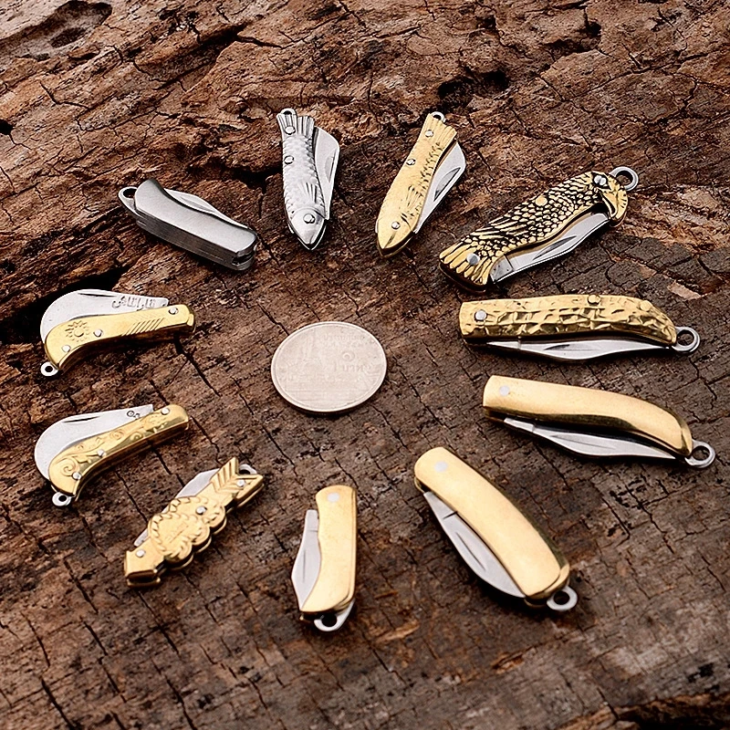 Mini Pocket Folding Knife Outdoor EDC Foldable Fruit Knives Creative Key Ring Multifunction Brass Keychain Pendant Knife