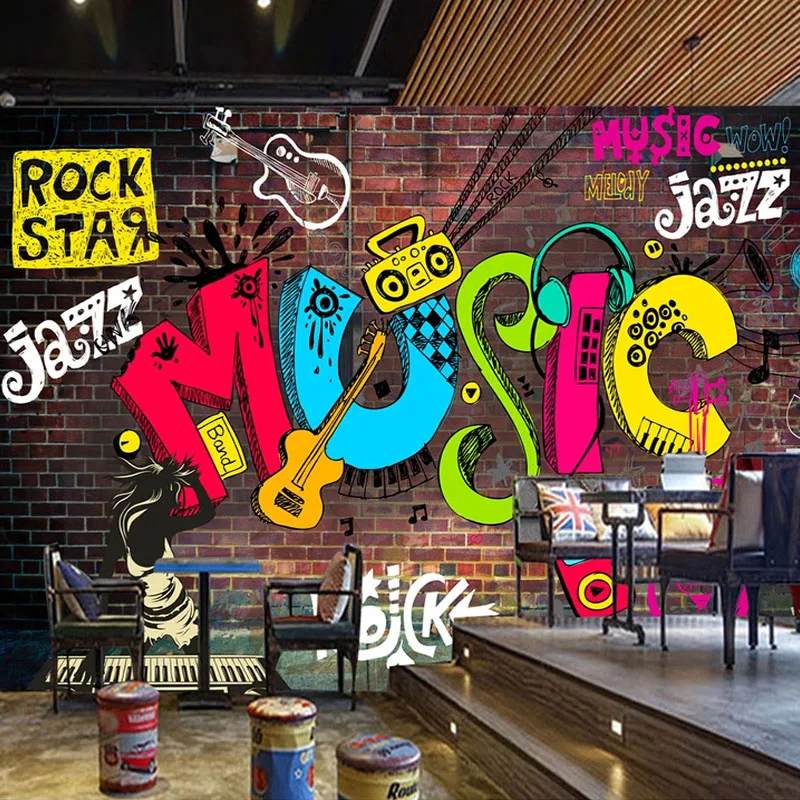 

Custom Any Size Mural Wallpaper 3D Cool Graffiti Retro Music Letters Brick Wall Fresco Restaurant KTV Bar 3D Waterproof Sticker