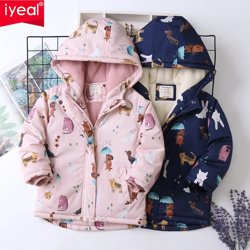 IYEAL Children Girls Hooded Fleece Warm Jackets For Kids Coats Baby Cartoon Animals Printed Jacket Coat Girl Zipper Outerwear